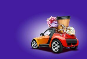 Orange car on purple background. Donuts, coffee, cookies tied with ribbon, chocolate macarons on the roof. Collage. Copy space, close-up. photo