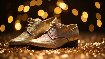 AI generated New years male golden sparkling shoe surrounded by glitter photo