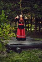 Brunette girl in a white ukrainian authentic national costume and a wreath of flowers is posing in a wood. photo