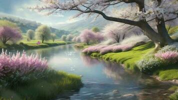 AI generated a painting of a river with flowers and trees video