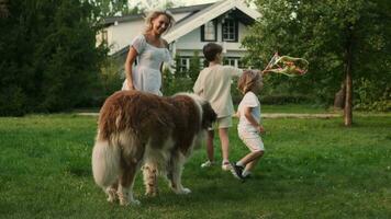 mamma med barn och en hund spela på de gräsmatta nära de hus. video