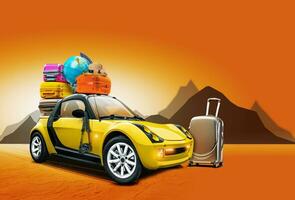 Yellow car with globe, hat, sunglasses, camera, multicolored suitcases on roof, mountains, orange background. Collage. Copy space, close-up. photo