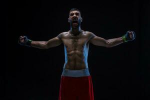 Oriental boxer celebrating his victory with raised arms in black gloves on black background photo