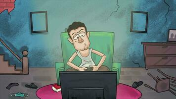 Lazy Man Playing Computer Game in His Room video