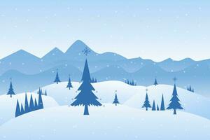 Snowy Mountains landscape with hills and pines, with winter trees snow on isolated blue background concept vector