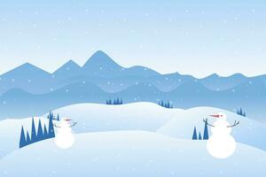 A Winter snowy Mountains landscape with hills and pines, with snowman and winter trees snow on isolated blue background concepts vector