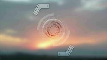 Bright technology HUD design on sunset background video animation