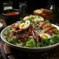 AI generated Party Table Snapshot Realistic Chicken Caesar Salad Generative AI photo