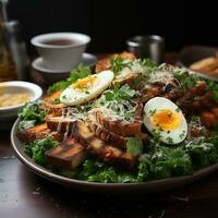 AI generated Realistic Photo Chicken Caesar Salad with Poached Egg Generative AI