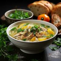 AI generated Realistic Photo Chicken Soup and Healthy Lifestyle Meals on Table Generative AI