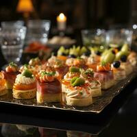 AI generated Appetizer Pinchos Spain Tray of Fresh Canapes Realistic Image Generative AI photo