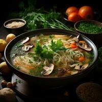 AI generated Chicken Soup and More Foods Realistic Gourmet Dining Experience Generative AI photo
