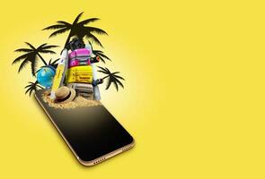 Cellphone on yellow background with palms. Surfboard, wakeboard, sand, suitcases, globe, hat, camera. Tourism. Collage. Copy space, close-up. photo