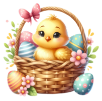 AI generated Cute chicken in Easter basket with eggs and flowers. Digital watercolor illustration png