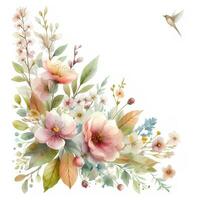 AI generated Flower arrangement with leaves and bird. Digital watercolor illustration photo