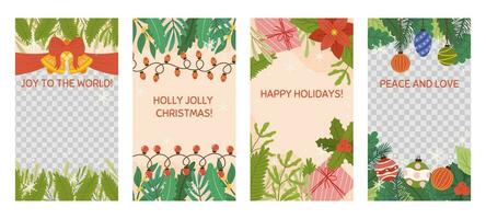 social medios de comunicación Navidad cuentos modelo con Copiar espacio y transparente espacio para foto. vertical bandera decorado con campana con rojo arco y cinta, abeto plantas sucursales, regalo cajas, ligero guirnalda vector