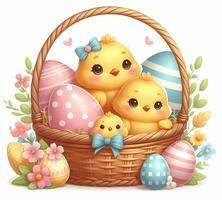 AI generated Cute Easter chickens in basket with Easter eggs and flowers. Digital watercolor illustration photo