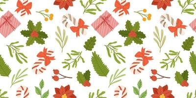 Christmas seamless pattern design with traditional candy cane with bow, holly berry plant, spruce branch, poinsettia, gift box and others green plants. Great for fabric, textile print, wrapping paper vector