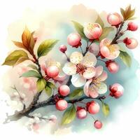 AI generated Blooming spring branch with cherry flowers. Digital watercolor illustration photo