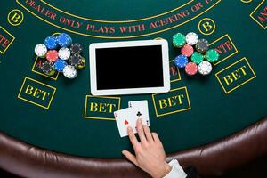 casino, online gambling, technology and people concept - close up of poker player with playing cards photo