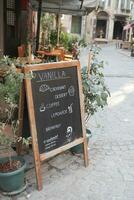 turkey istanbul 12 july 2023. Cafe menu on black board outdoor at balat photo