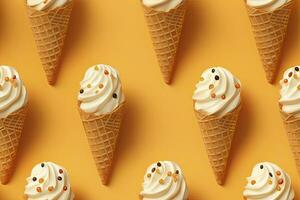 AI generated Ice Cream pattern on yellow background, top view. AI Generated photo