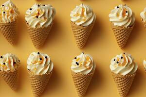 AI generated Ice Cream pattern on yellow background, top view. AI Generated photo