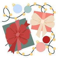 Layout of Christmas gifts, garland and Christmas balls vector