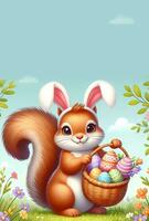 AI generated Cute Squirrel character with bunny ears and Easter basket. Digital illustration photo