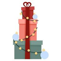 Christmas gift boxes stand on top of each other tied with ribbon vector