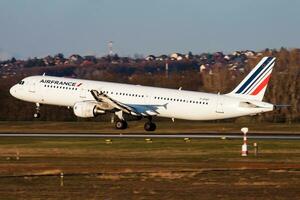 Air France passenger plane at airport. Schedule flight travel. Aviation and aircraft. Air transport. Global international transportation. Fly and flying. photo