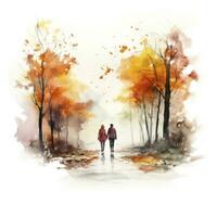AI generated Watercolor autumn landscape with a couple walking. AI Generated photo