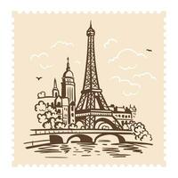 Eiffel Tower in Paris on a postage stamp. Landmark of Paris. Doodle style illustration vector