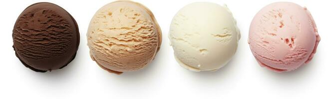 AI generated Set of four various ice cream balls or scoops isolated on white background. AI Generated photo