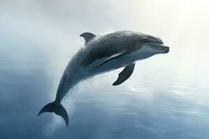 AI generated Dolphin swims in depths of ocean. Animal in its natural habitat. Beauty of nature. Concept of freedom and beauty of wild animals. Ideal for background, postcard photo