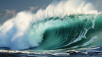 ai generado enorme ola estrellarse en océano, creando un hermosa monitor de agua y espuma. Oceano s poder y majestad. concepto de belleza y grandeza de naturaleza. ideal para fondo, tarjeta postal foto