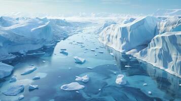 ai generado ártico glaciares y hielo icebergs en océano. maravilloso polar paisaje. cristal claro agua. concepto de derritiendo glaciares, clima cambiar, global calentamiento, mar nivel subir foto