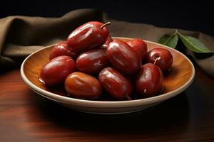 AI Generated Fresh bright Jujube fruit on a plate on dark background. Sweet and nutritious Ziziphus. Chinese red date fruit. Perfect for foodrelated projects, healthy snacks concepts, culinary designs, food blogs photo