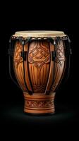 AI Generated HandCarved Bongo Drum on Black Background. Traditional percussion musical instrument of AfroCuban and Latin American culture. Perfect for musical themes, rhythm concepts, cultural designs. Vertical photo