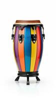 AI Generated Rainbow conga drum isolated on a white background. Traditional percussion musical instrument of AfroCuban culture. Suitable for musicrelated projects and cultural designs. Vertical format photo