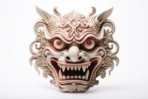 AI Generated Barong mask on white background. Traditional Balinese dance mask. Craftsmanship and cultural of Bali. Dragon Mask. Symbol of Power and Mystery. Perfect for art, travel, culturalthemed project photo