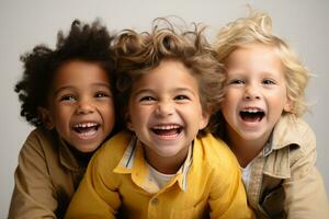 ai generado retrato de Un grupo de niños felizmente jugando juntar foto