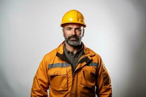 ai generado construcción trabajadores yo retrato en blanco antecedentes foto