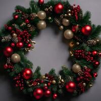 AI Generated A holiday wreath with red and silver ornaments and pine branches. photo