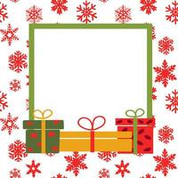 Vector winter holiday frame template with gift boxes. Red snowflakes on white background. Square composition. Good for social media, background, post, greeting card.