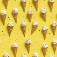 AI generated Ice Cream pattern on yellow background, top view. AI Generated photo