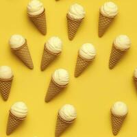 AI generated Ice Cream pattern on yellow background, top view. AI Generated photo