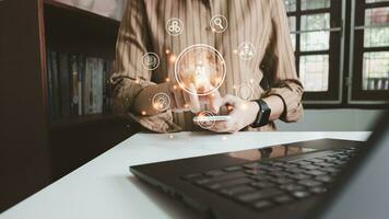 AI, Artificial Intelligence, Concept global data connection with Internet technology, using online transaction with AI by learning machine and big data, database management, cloud computing photo