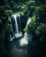 AI generated Aerial view of waterfall in a lush green forest photo