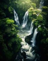 AI generated aerial view of a river flowing through a lush green forest with waterfall photo